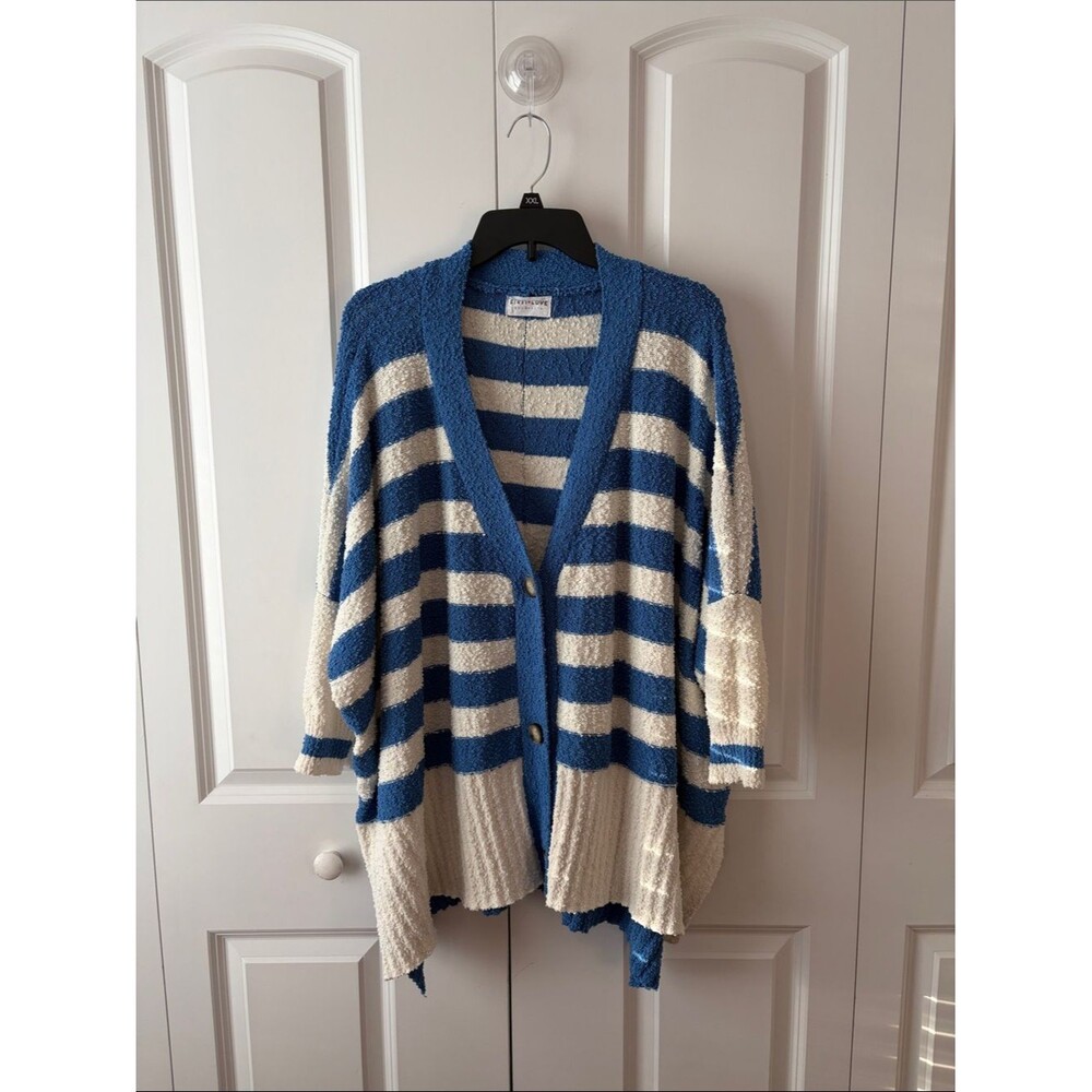 First Love Cozy Striped Oversized Cardigan Sweater Blue & Cream Size XL